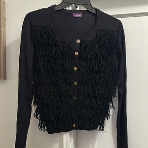 Olivia M Black Fringe Cardigan with Gold Accents - Preloved